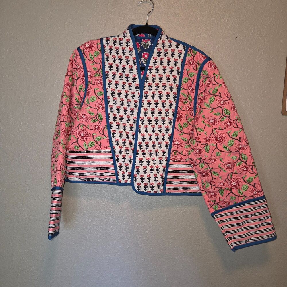 Vintage Style Floral Quilted Reversible Open Front Jacket Size L